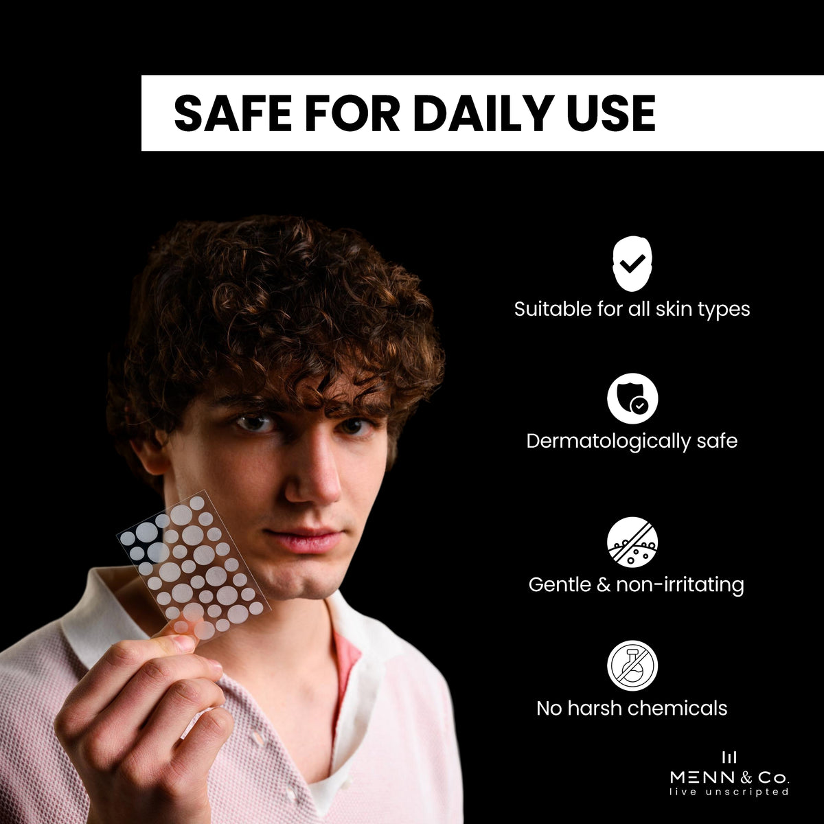Person holding a skincare product with safety features listed on a black background