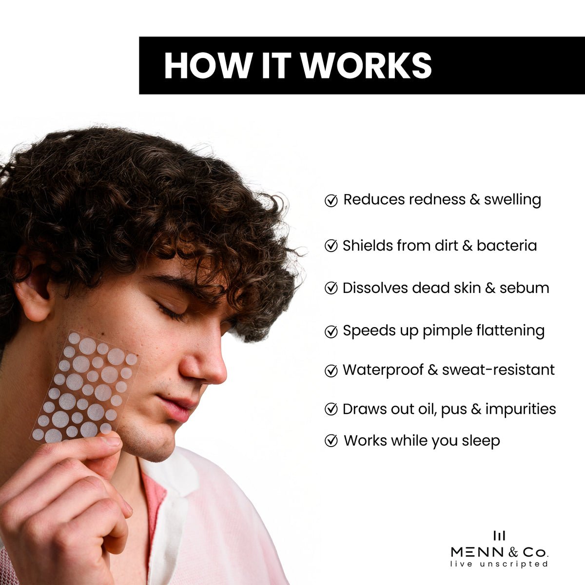 Person applying a patch to their face with text detailing product benefits on a white background.