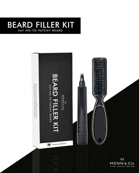 Menn & Co Beard filler kit with packaging, brush, and pen on a black and white background