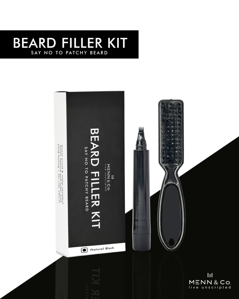 Menn & Co Beard filler kit with packaging, brush, and pen on a black and white background