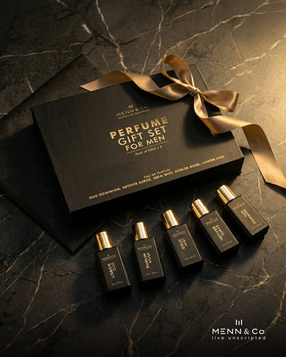 Menn & Co perfume gift set for men on a dark marble surface