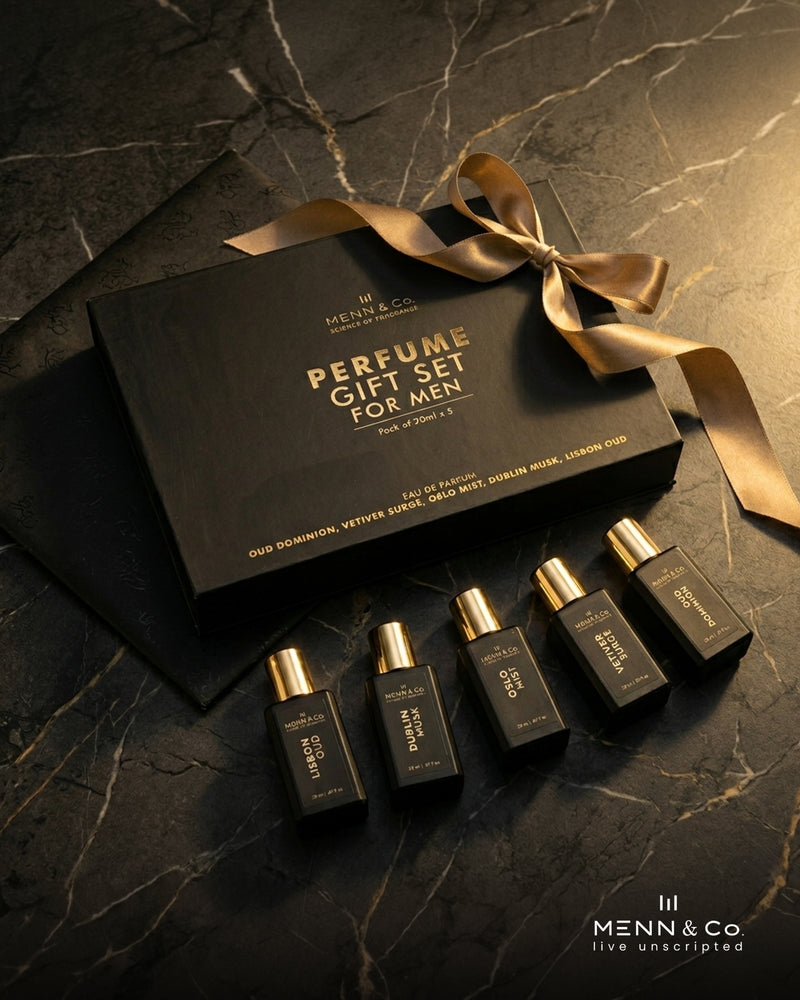 Menn & Co perfume gift set for men on a dark marble surface