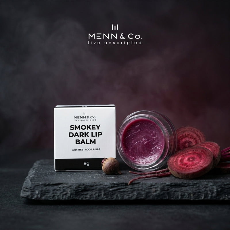 Menn & Co Smokey Dark Lip Balm with beetroot and SPF on a dark background