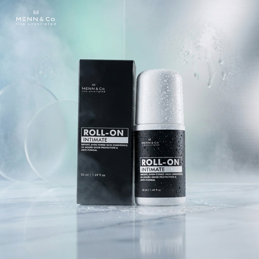 Menn & Co roll-on intimate product with packaging on a reflective surface
