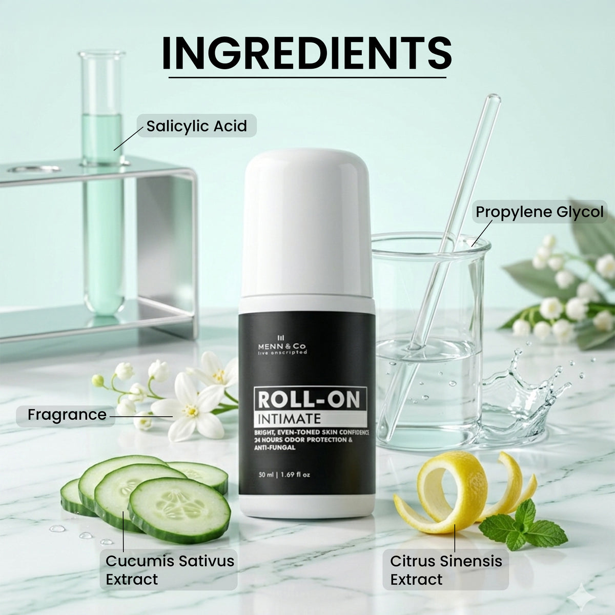 Menn & Co. roll-on intimate product with labeled ingredients on a light green background