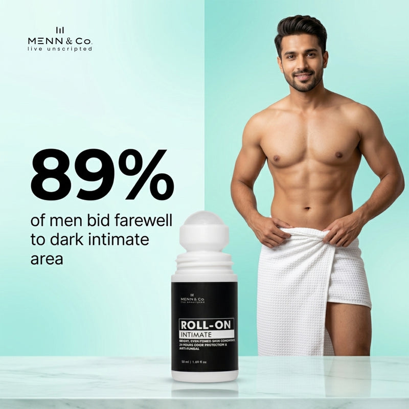 Man with towel around waist next to Menn & Co roll-on product on light blue background