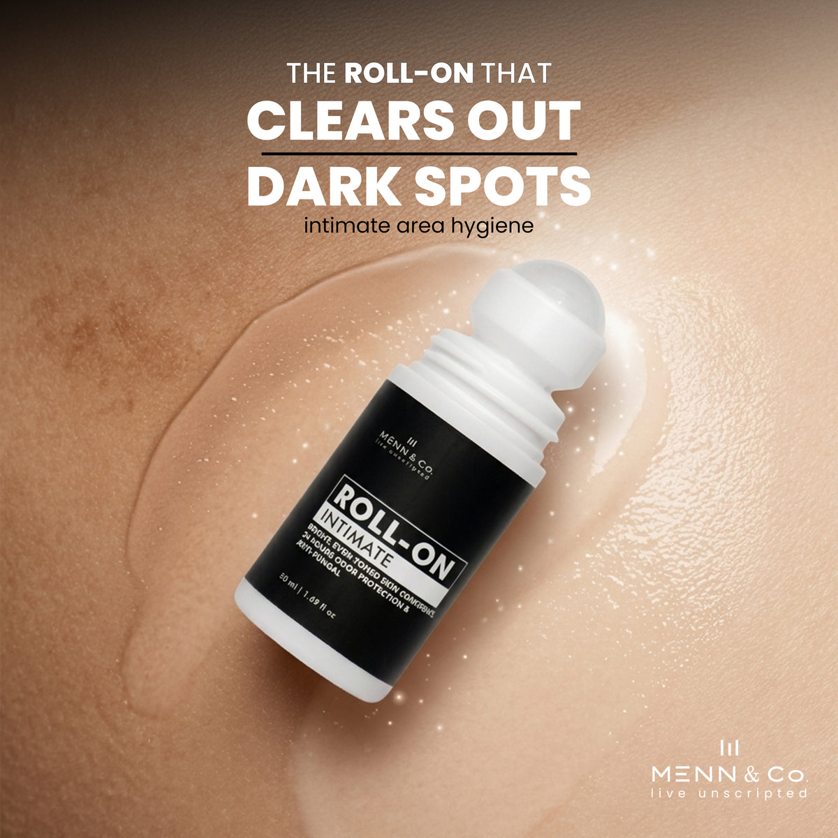 Roll-on product for intimate area hygiene on a beige background with Menn & Co branding.