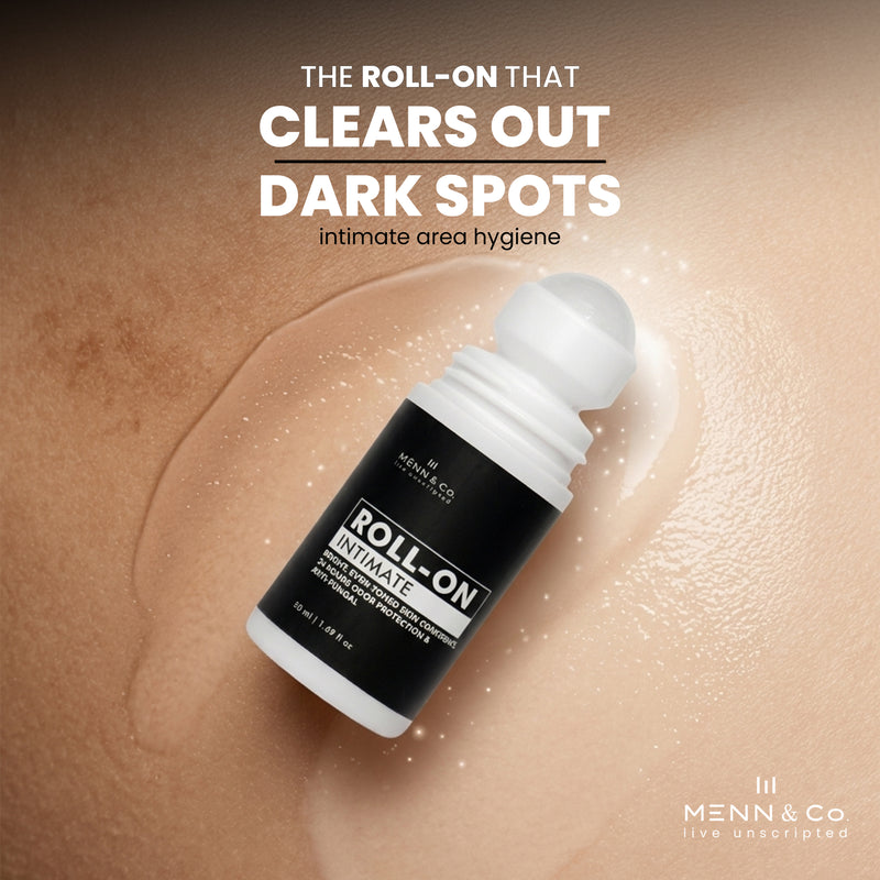 Roll-on product for intimate area hygiene on a beige background with Menn & Co branding.