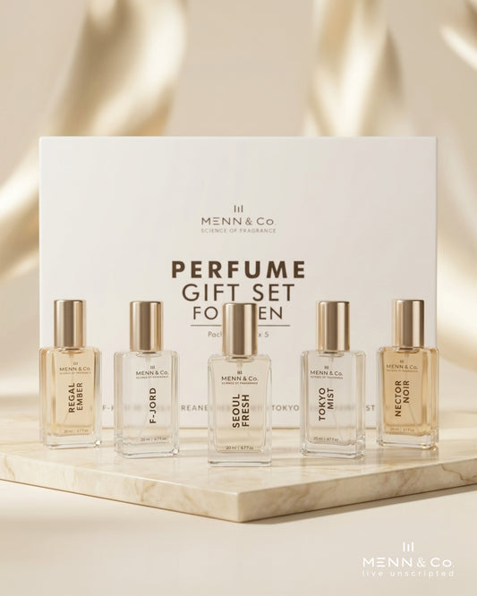 Menn & Co perfume gift set for men with five bottles on a marble surface.