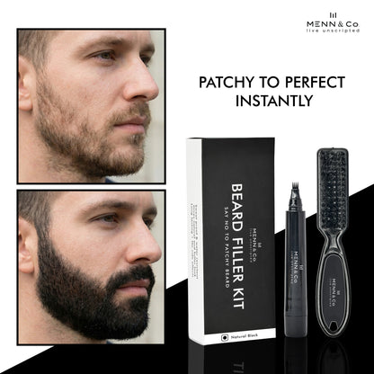Beard filler kit with before and after images of a man's beard, Menn & Co branding.