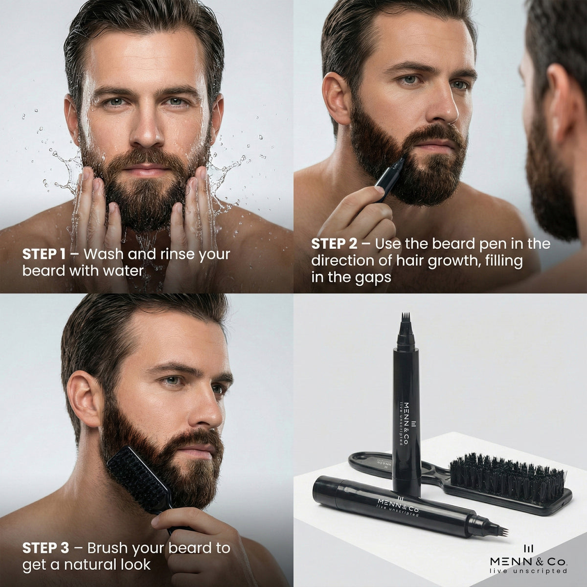 Step-by-step guide on grooming a beard with a beard pen and brush, featuring a man and grooming tools.
