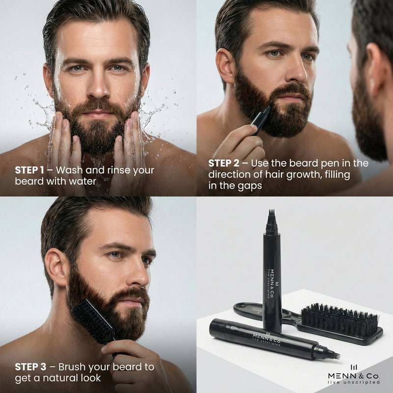 Step-by-step guide on grooming a beard with a beard pen and brush, featuring a man and grooming tools.