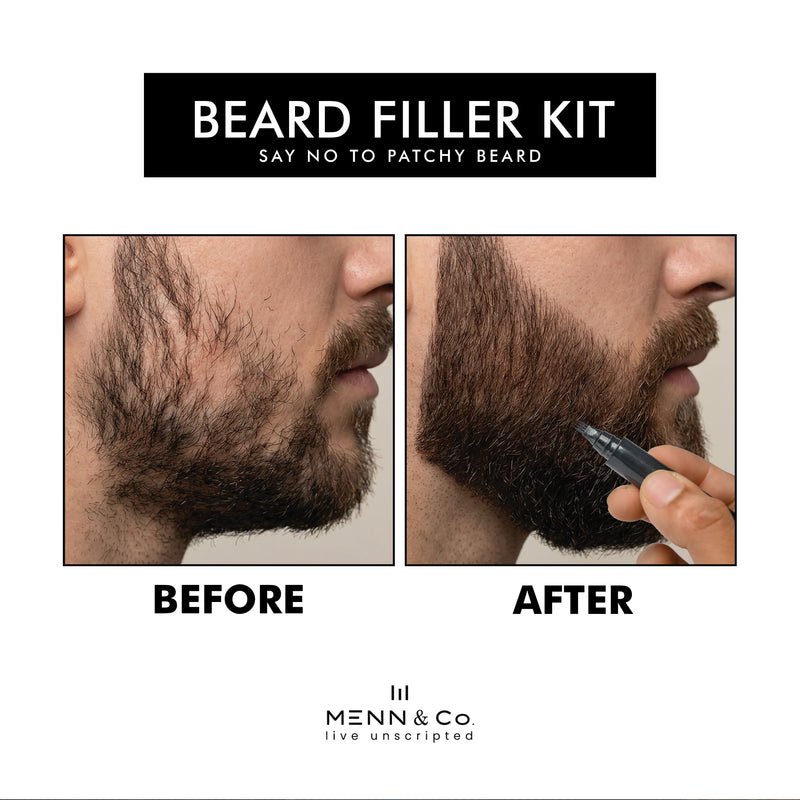 Beard filler kit advertisement showing 'Before' and 'After' effects with Menn & Co branding.