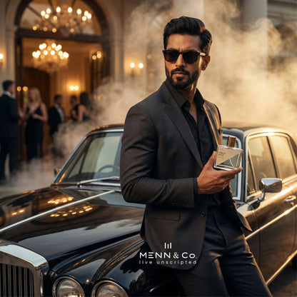 Man in a suit and sunglasses carrying Menn & Co Oslo Mist Perfume standing next to a vintage car with 'Menn & Co' branding.