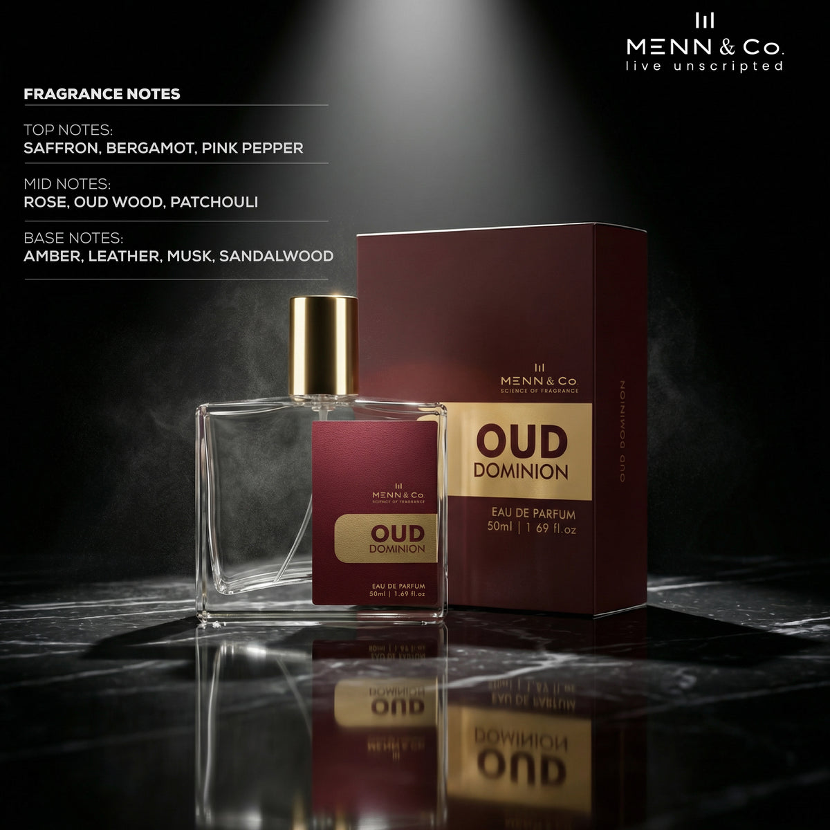 Menn & Co Oud Dominion perfume bottle and packaging on a dark reflective surface with smoke effect.