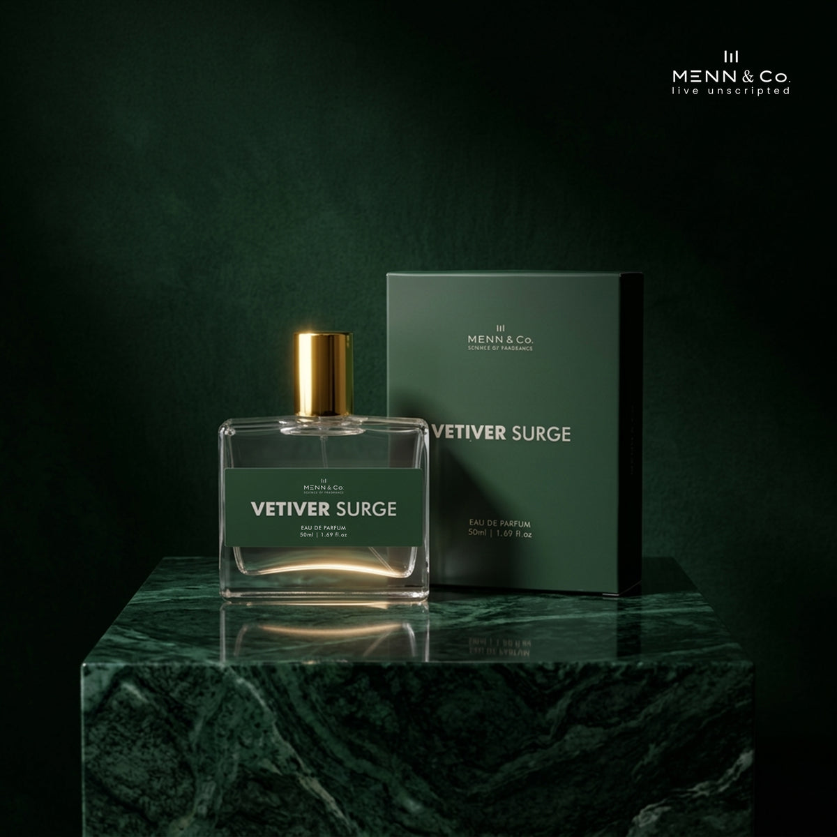 Menn & Co Vetiver Surge perfume bottle and packaging on a dark green surface.