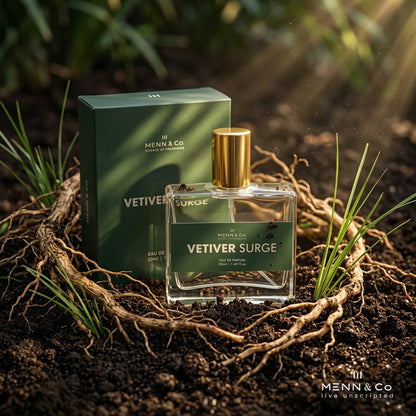 Menn & Co Vetiver Surge perfume bottle and packaging on a natural background with roots and grass.