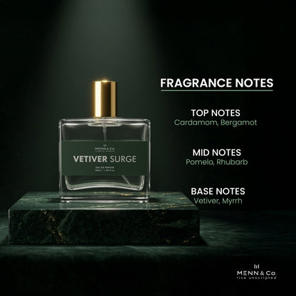 Perfume bottle labeled 'Vetiver Surge' with fragrance notes on a dark background