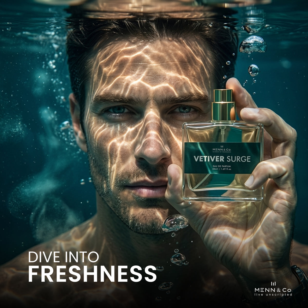 Man underwater holding a perfume bottle with 'Vetiver Surge' text, surrounded by bubbles.