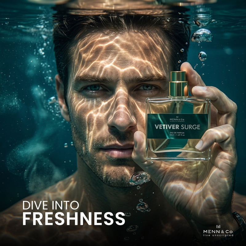 Man underwater holding a perfume bottle with 'Vetiver Surge' text, surrounded by bubbles.