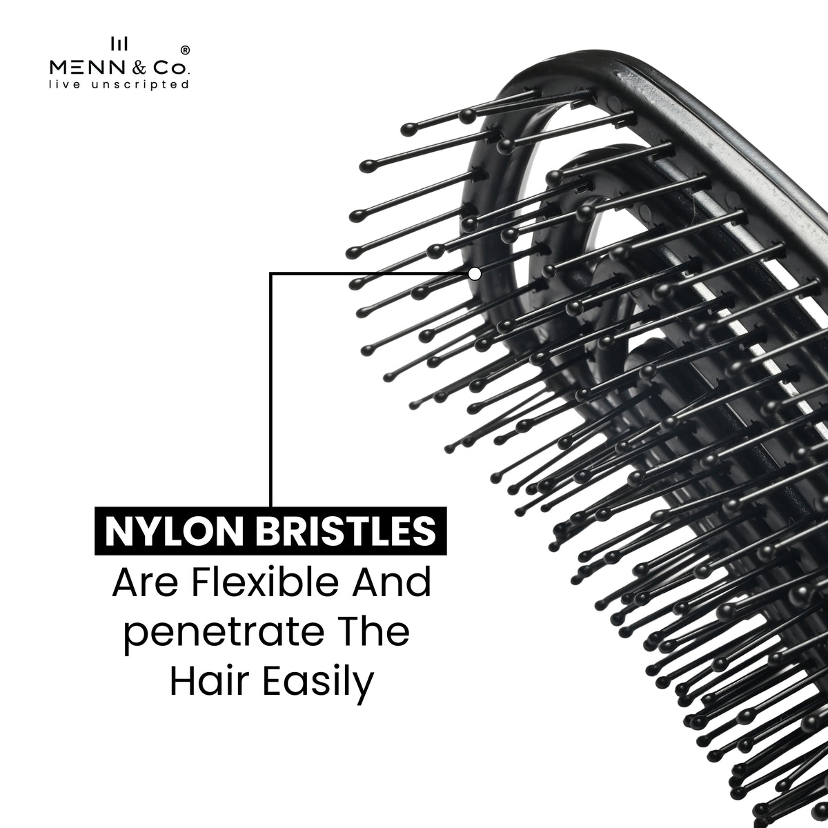 Close-up of a black hairbrush with flexible nylon bristles on a white background, with text reading 'NYLON BRISTLES Are Flexible And penetrate The Hair Easily' and the Menn & Co logo in the top left.