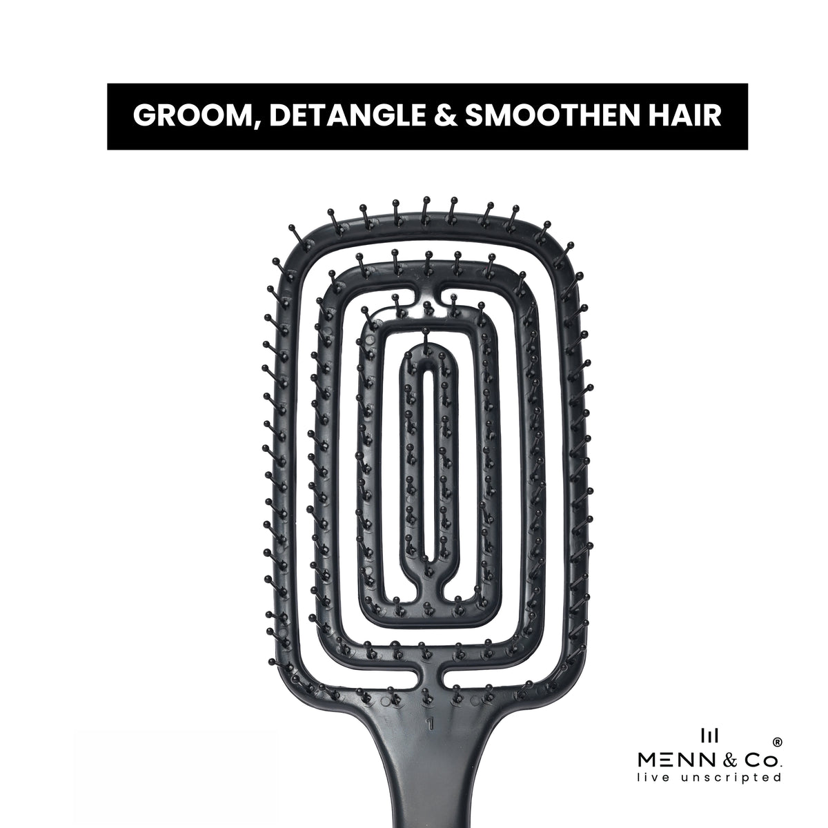 A black rectangular hairbrush with multiple concentric bristle rows and a smooth handle, shown on a white background with the text 'GROOM, DETANGLE & SMOOTHEN HAIR' at the top and the MENN & Co logo at the bottom right.