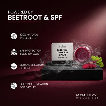 Menn & Co Smokey Dark Lip Balm with beetroot and SPF on a dark background