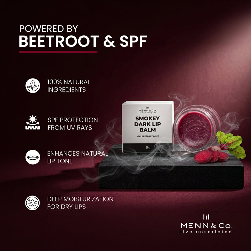 Menn & Co Smokey Dark Lip Balm with beetroot and SPF on a dark background