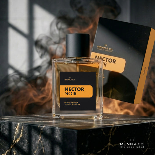Menn & Co Nector Noir perfume bottle and packaging on a dark surface with a blurred background