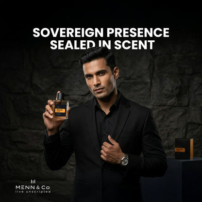 Man holding a Menn & Co Nector Noir perfume bottle with text 'Sovereign Presence Sealed in Scent' and 'Menn & Co' logo.