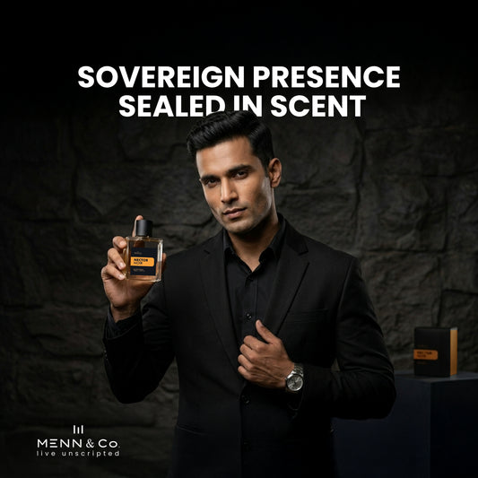 Man holding a Menn & Co Nector Noir perfume bottle with text 'Sovereign Presence Sealed in Scent' and 'Menn & Co' logo.