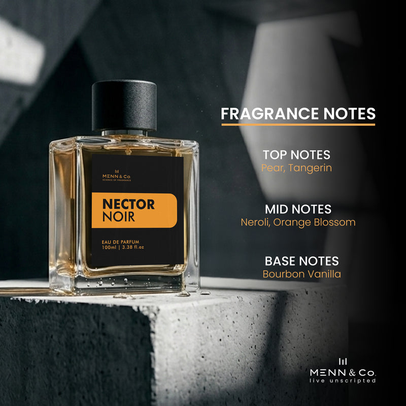Perfume bottle labeled 'Nector Noir' with fragrance notes on a dark background