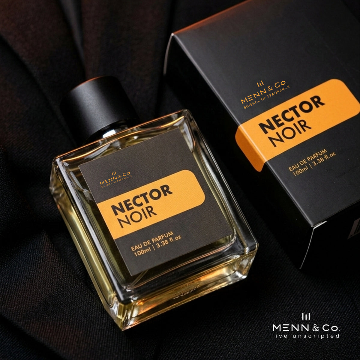 Menn & Co Nector Noir perfume bottle and packaging on a dark background