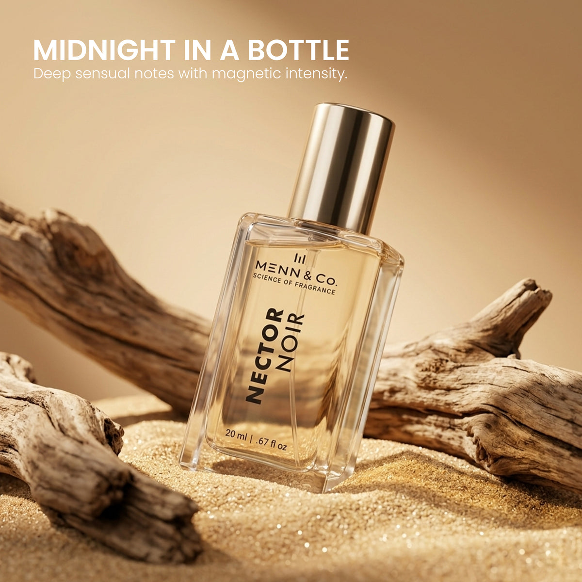 Menn & Co Nectar Noir perfume bottle on sand with driftwood, labeled 'Midnight in a Bottle'.