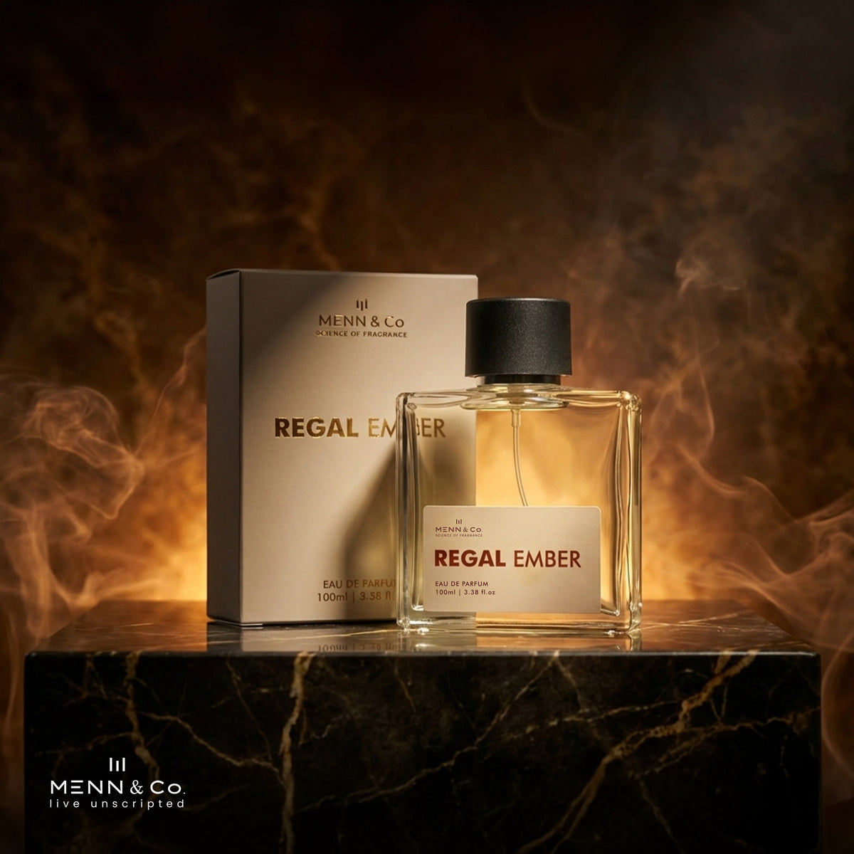 Menn & Co Regal Ember perfume bottle and packaging on a dark surface with smoke effects