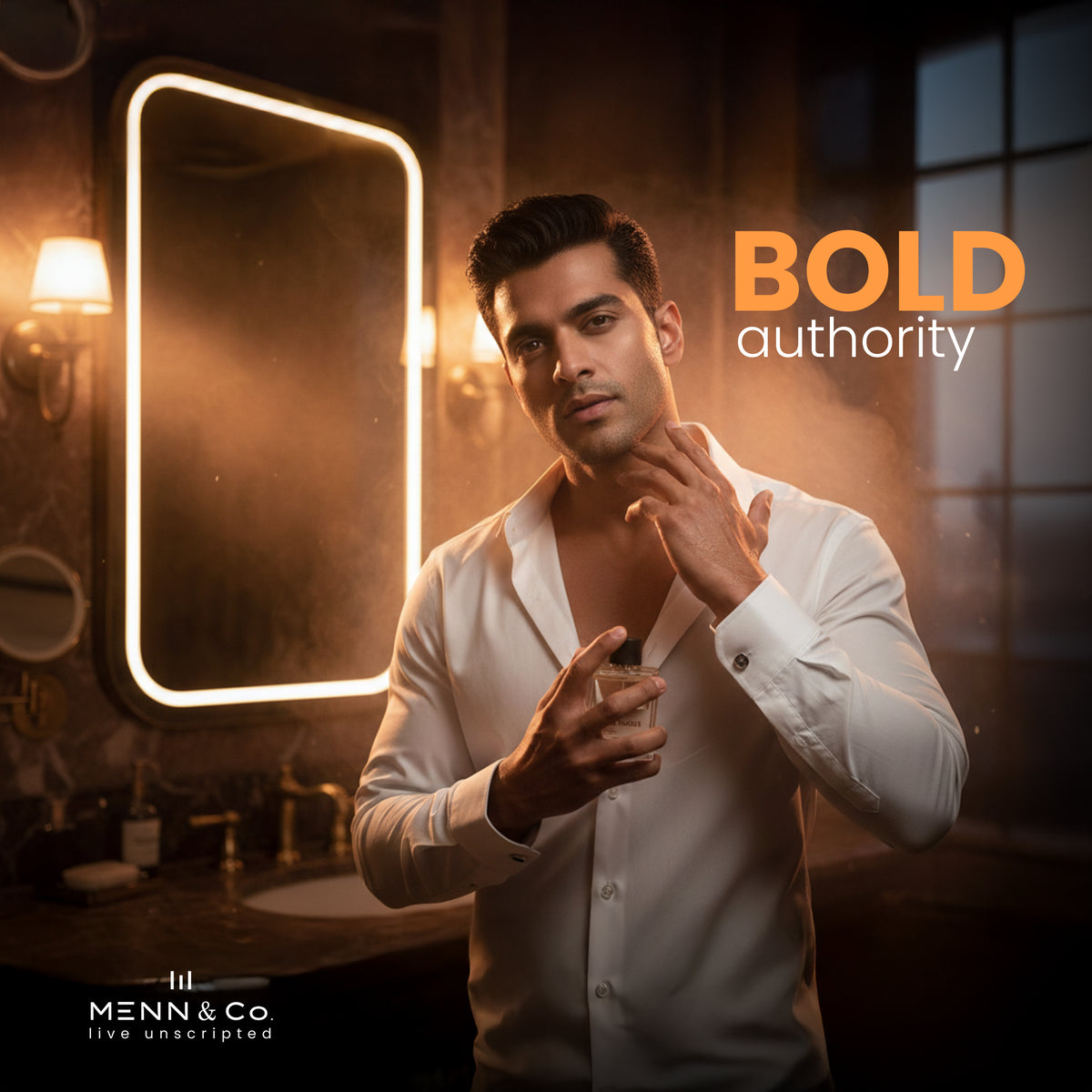 Man applying aftershave in a bathroom with 'BOLD authority' text and Menn & Co logo.