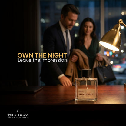 Perfume bottle on a table with a couple in the background, text 'Own the Night, Leave the Impression' displayed.