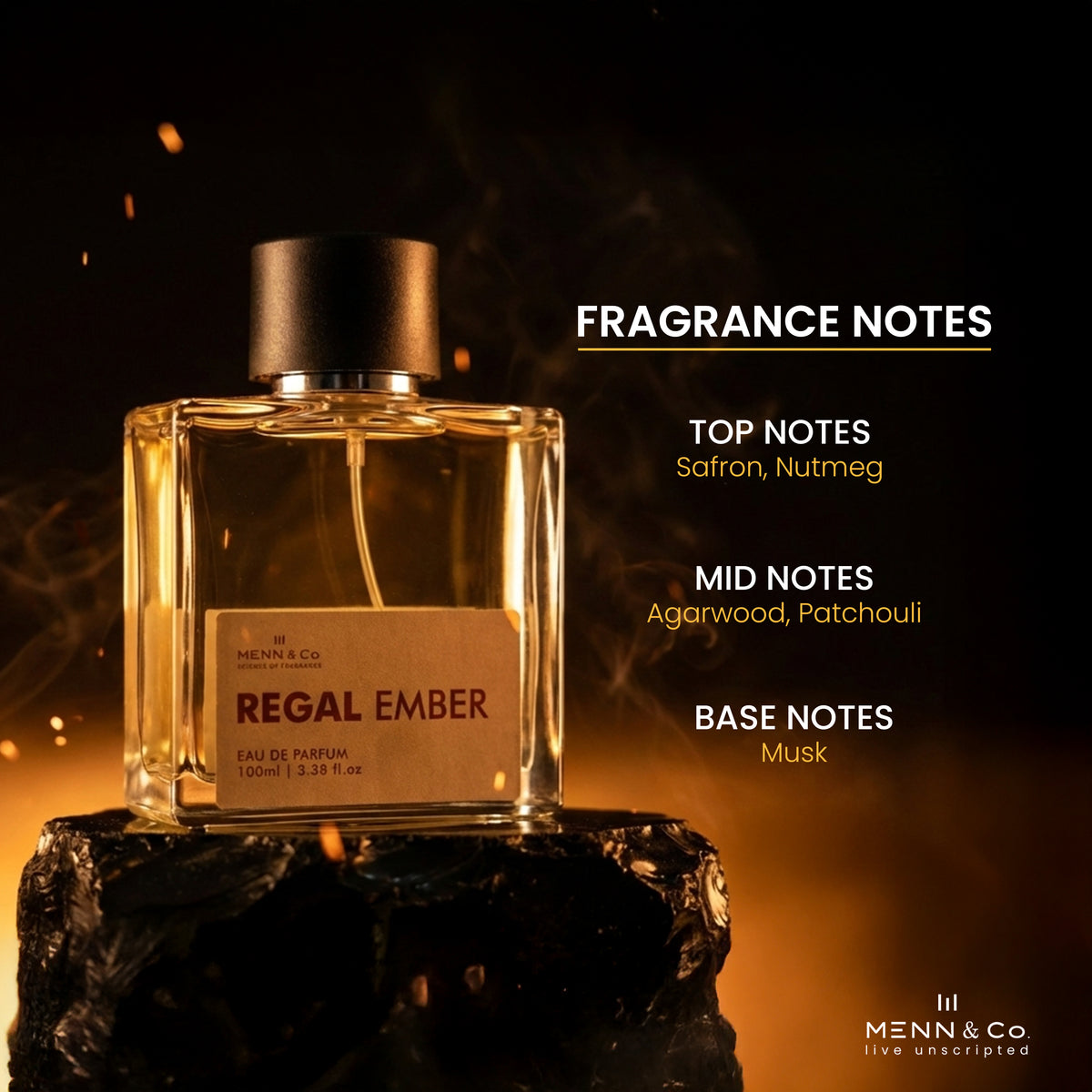 Perfume bottle labeled 'Regal Ember' with fragrance notes on a dark background. Menn & Co Logo 