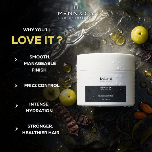 Menn & Co hair product with ingredients and benefits listed on a dark background