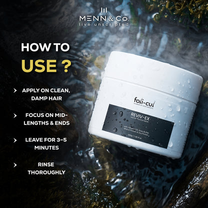 Foli-Cul Reviv-Ex Hair-fall Control Mask with usage instructions on a natural background