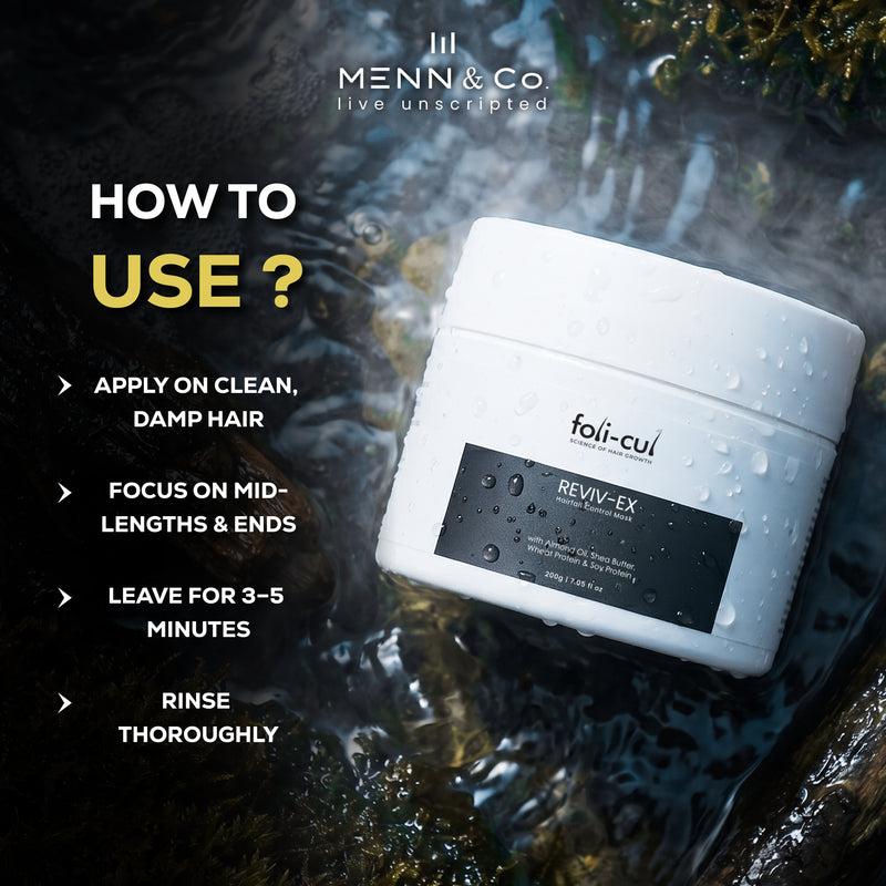 Foli-Cul Reviv-Ex Hair-fall Control Mask with usage instructions on a natural background