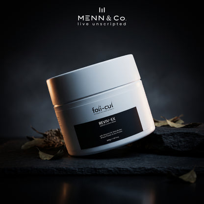 Foli-Cul Reviv-Ex Hair fall Control Mask product with 'MENN & Co.' branding on a dark background
