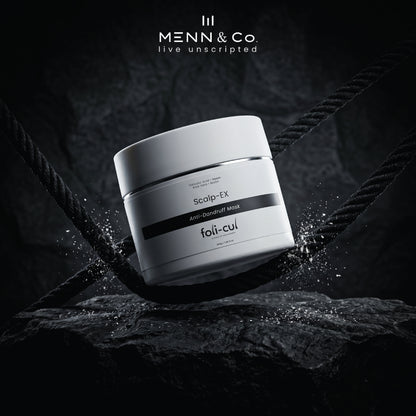 Menn & Co Scalp EX anti-dandruff mask jar on a dark background