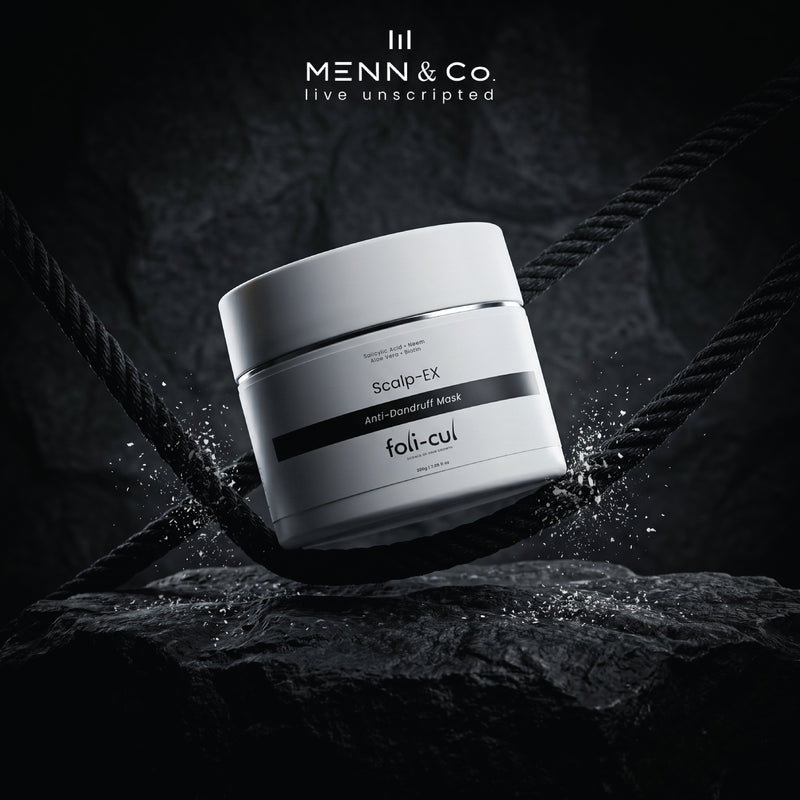 Menn & Co Scalp EX anti-dandruff mask jar on a dark background
