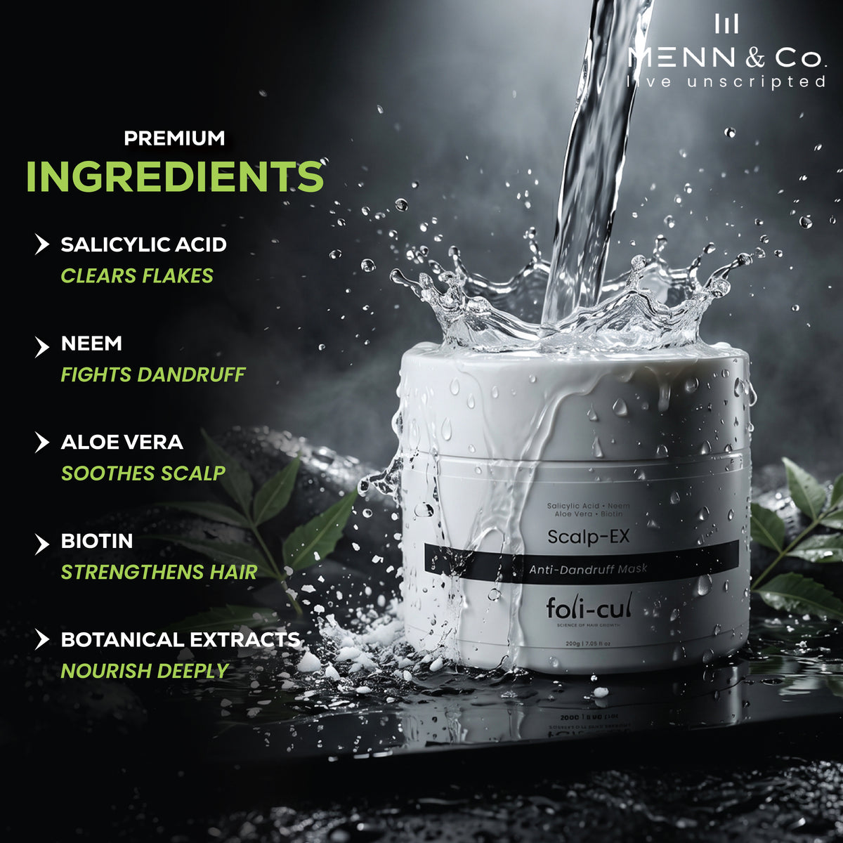 Foli-Cul Scalp-EX Anti-Dandruff Mask with water being poured over it, featuring product name and brand on a dark background.