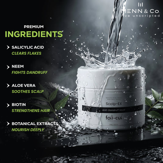 Foli-Cul Scalp-EX Anti-Dandruff Mask with water being poured over it, featuring product name and brand on a dark background.