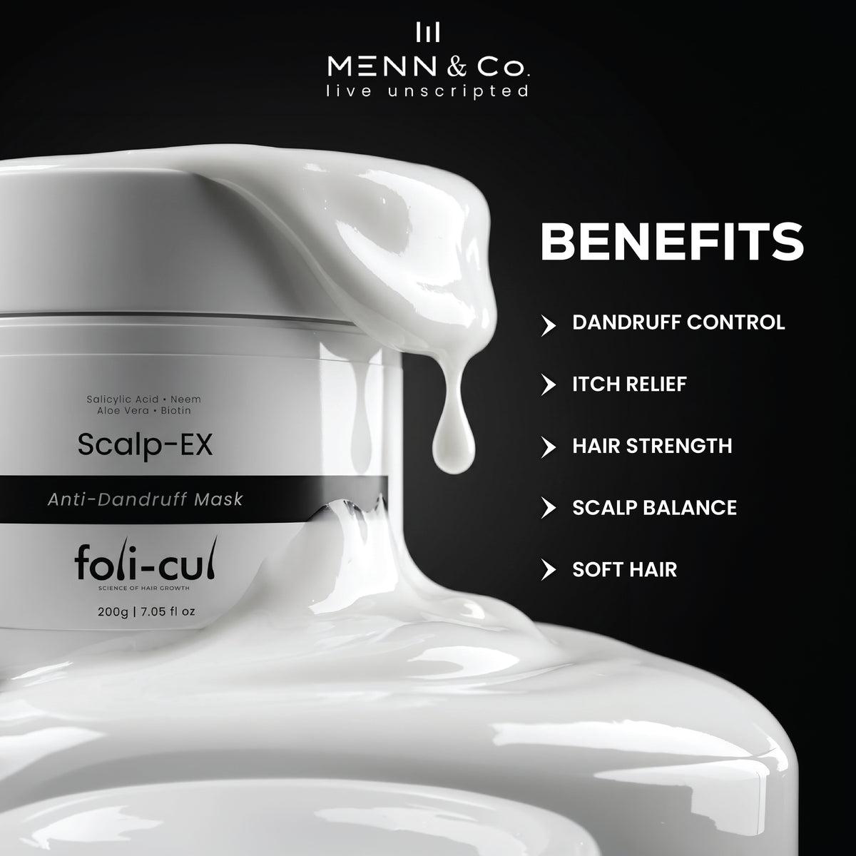 Foli-Cul Scalp-Ex Anti-Dandruff Mask jar with benefits listed on a black background