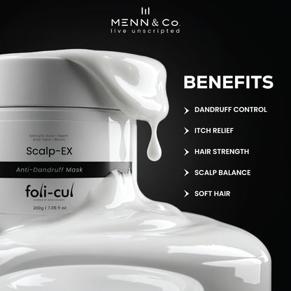Foli-Cul Scalp-Ex Anti-Dandruff Mask jar with benefits listed on a black background