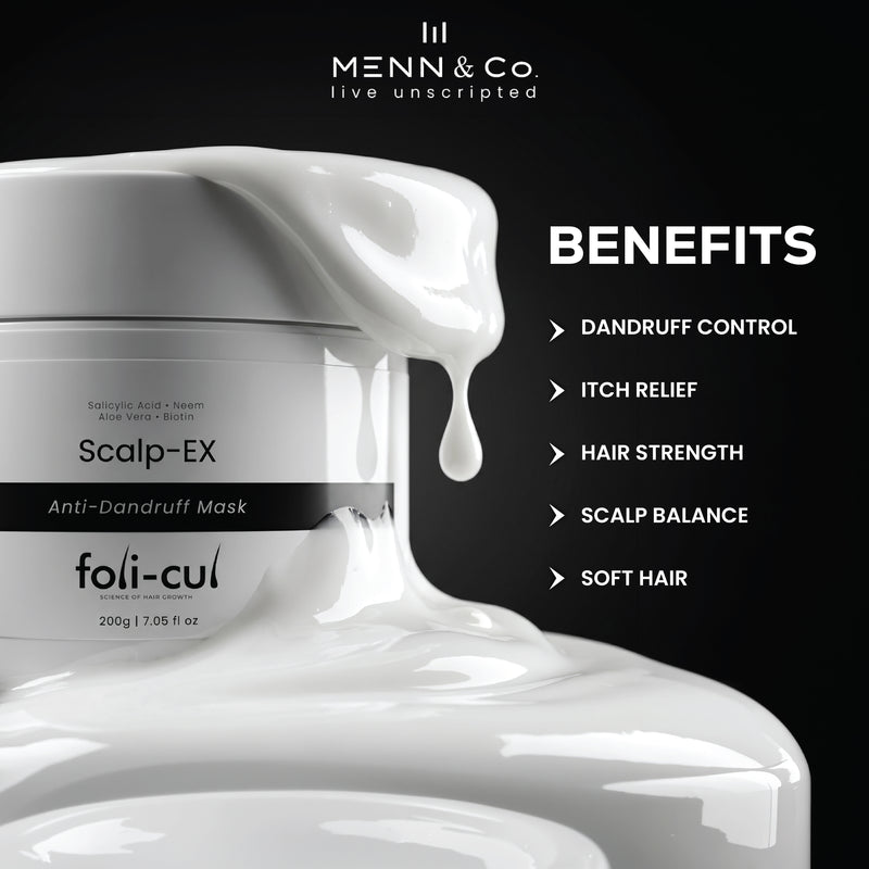 Foli-Cul Scalp-Ex Anti-Dandruff Mask jar with benefits listed on a black background