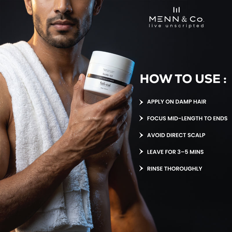 Man holding a hair care product Menn & Co Scalp-Ex Antidandruff Mask with usage instructions on a black background, featuring the Menn & Co brand.